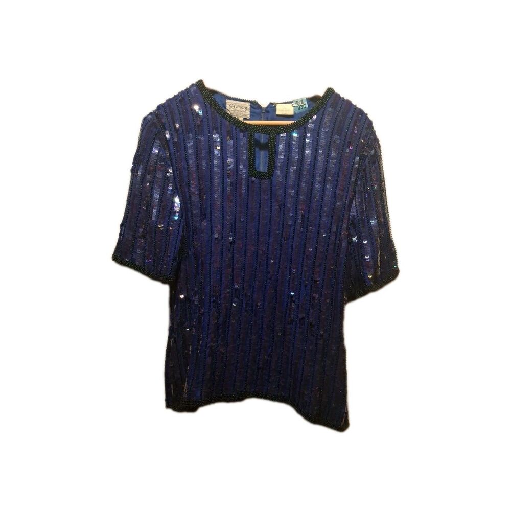Stenay Women's Sequin Top Size XL Silk SHimmer Striped Pullover Short Sleeve
